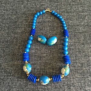 Vintage Blue/Gold Necklace & Studs Set